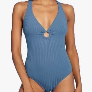 Kona Sol Wide Ribbed Medium Coverage One Piece Swimsuit Slate Blue Size Medium
